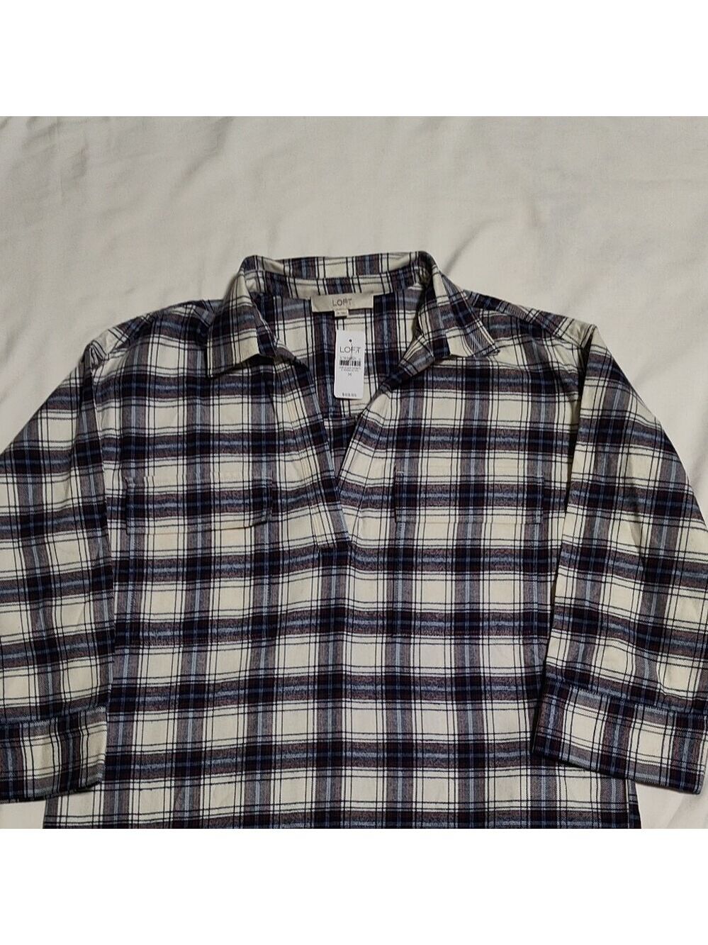 LOFT Navy and White Plaid Casual Top